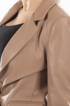 Camel Klasik Yaka Cep Görünüm Detaylı Astarlı Blazer Deri Ceket