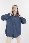 Mavi Düşük Kol Yakası İşleme Detaylı Kot Gömlek