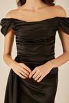 Siyah Drape Detaylı Saten Kumaş Uzun Abiye Elbise