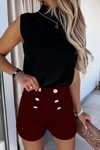 Bordo Krep Kumaş Düğme Detay Kısa Şort