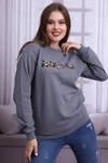 Gri Baskılı Bisiklet Yaka Sweatshirt