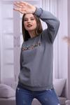 Gri Baskılı Bisiklet Yaka Sweatshirt