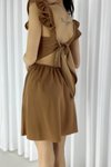 Kahverengi Omuz Volanlı Sırt Bağlama Detay İthal Krep Kumaş Mini Elbise