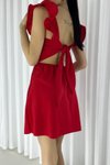 Kırmızı Omuz Volanlı Sırt Bağlama Detay İthal Krep Kumaş Mini Elbise