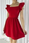 Kırmızı Omuz Volanlı Sırt Bağlama Detay İthal Krep Kumaş Mini Elbise