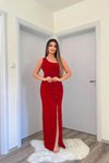 Kırmızı Tek Omuzlu İthal Krep Kumaş Volanlı Uzun Abiye Elbise
