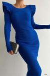 Mavi Omuz Fırfır Detay Uzun Kol Midi Triko Elbise