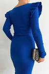 Mavi Omuz Fırfır Detay Uzun Kol Midi Triko Elbise