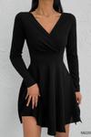 Siyah Kruvaze Yaka Krep Kumaş Uzun Kol Mini Kloş Elbise