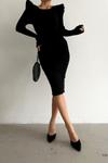 Siyah Omuz Fırfır Detay Uzun Kol Midi Triko Elbise