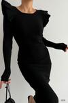 Siyah Omuz Fırfır Detay Uzun Kol Midi Triko Elbise