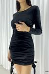 Siyah Yanları Büzgü Detay Uzun Kol Kadife Mini Elbise