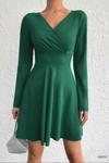 Yeşil Kruvaze Yaka Krep Kumaş Uzun Kol Mini Kloş Elbise