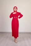 Kırmızı Pot Detaylı Kemerli Elbise
