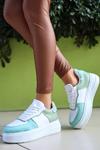 Beyaz Wondi Cilt Yeşil Detaylı Bağcıklı Spor Ayakkabı