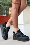 Siyah Naxi Cilt Süet Detaylı Bağcıklı Spor Ayakkabı