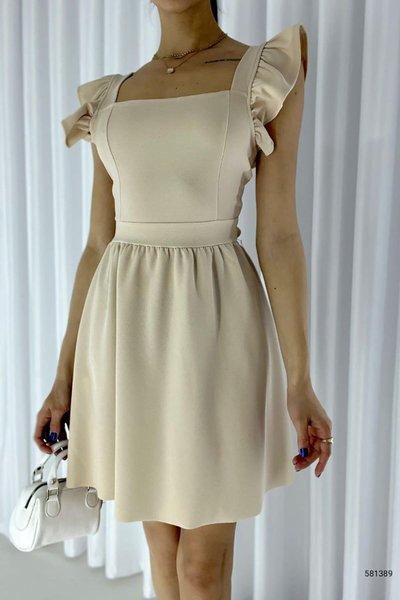 Krem Rengi Omuz Volanlı Sırt Bağlama Detay İthal Krep Kumaş Mini Elbise