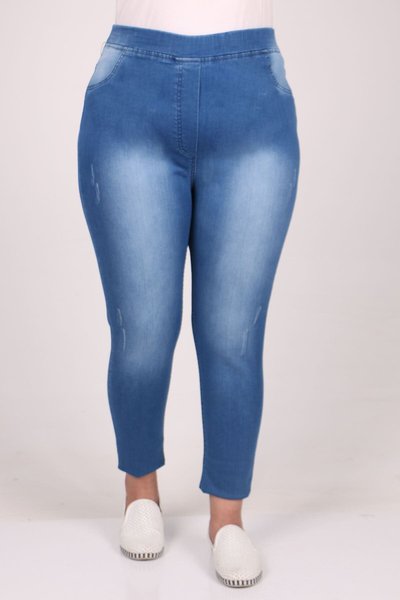 Mavi Büyük Beden Beli Lastikli Taşlı Tırnaklı Dar Paça Kot Pantolon