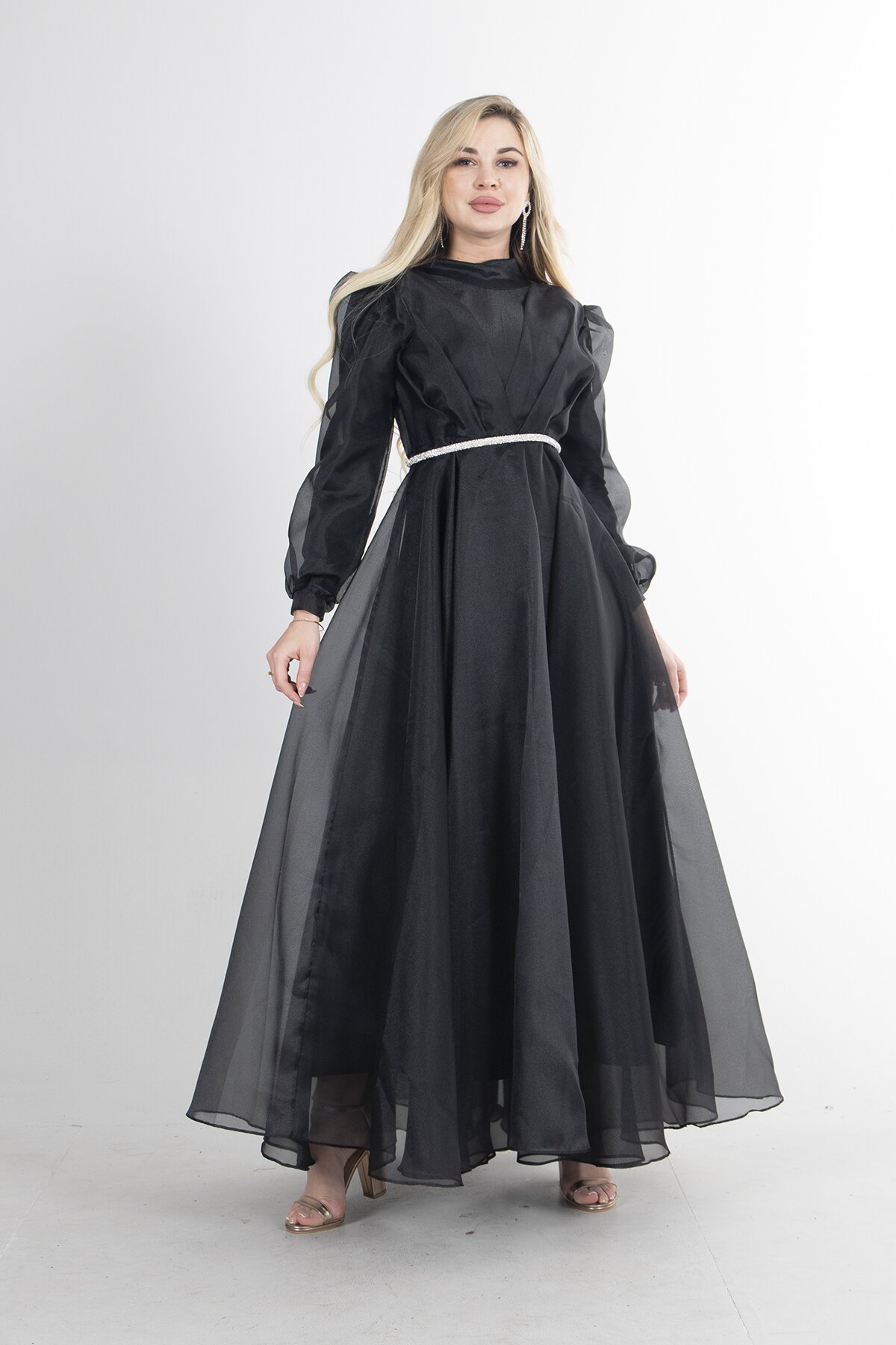 Ardanewline Siyah Uzun Balon Kol Dik Yaka Abiye Elbise