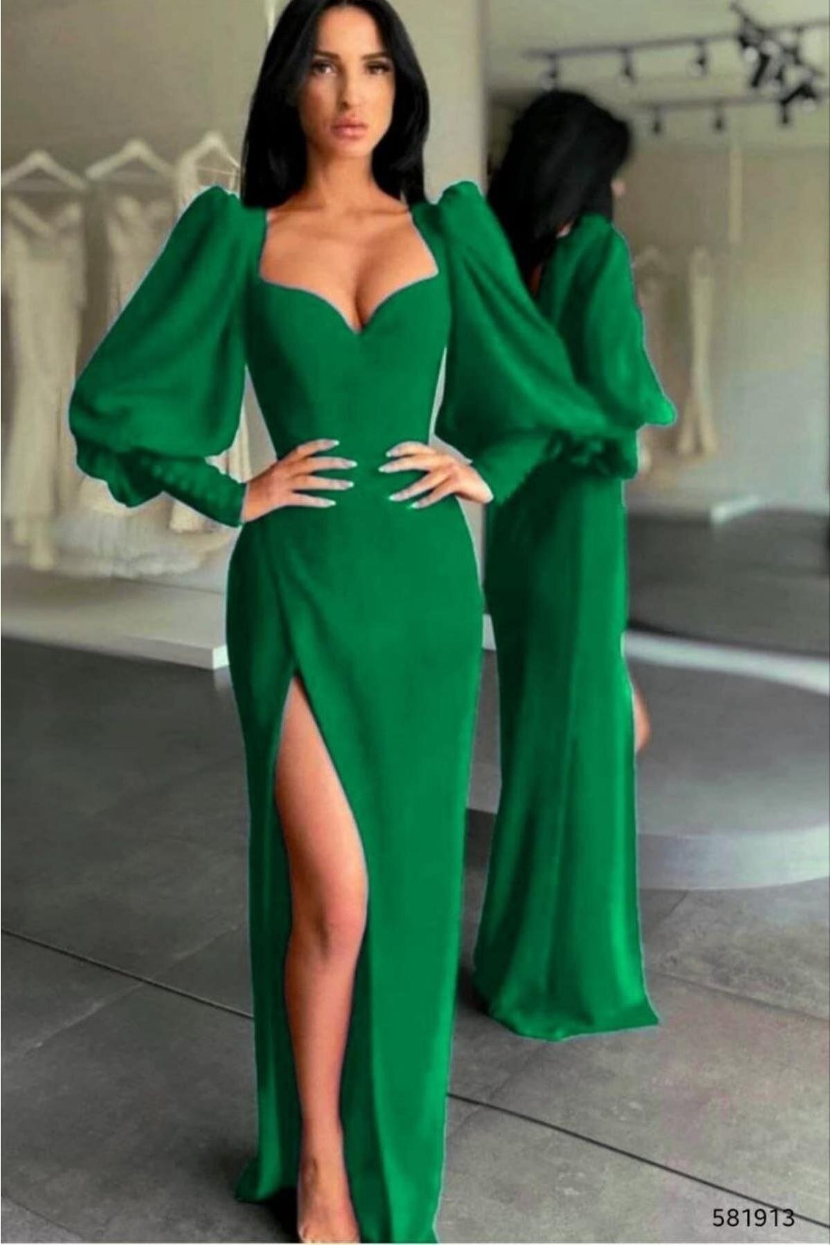 Bellazon Yeşil Kalp Yaka Omuz Detaylı Yırtmaçlı Krep Uzun Abiye Elbise
