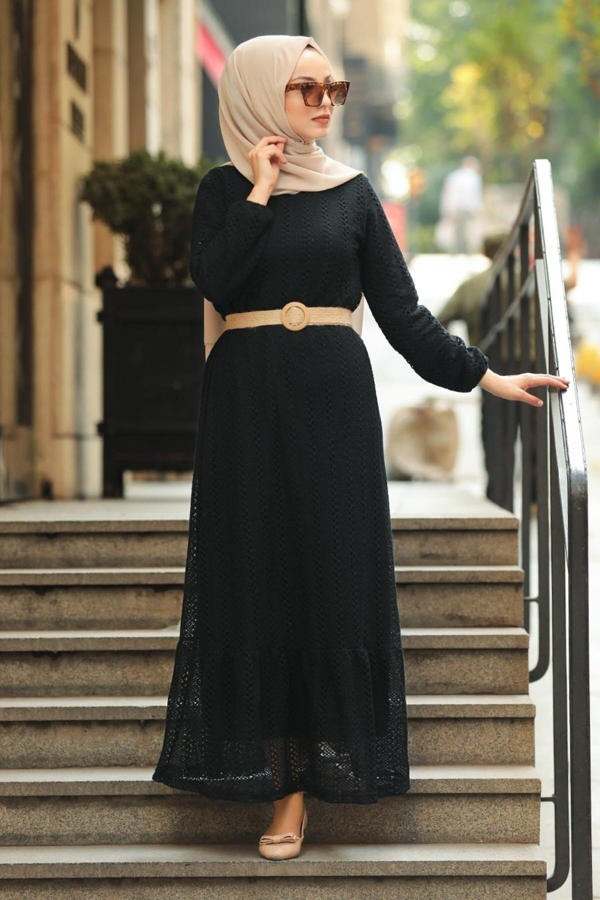 Cng Moda Siyah Danteli Astarlı Hasır Kemerli Elbise