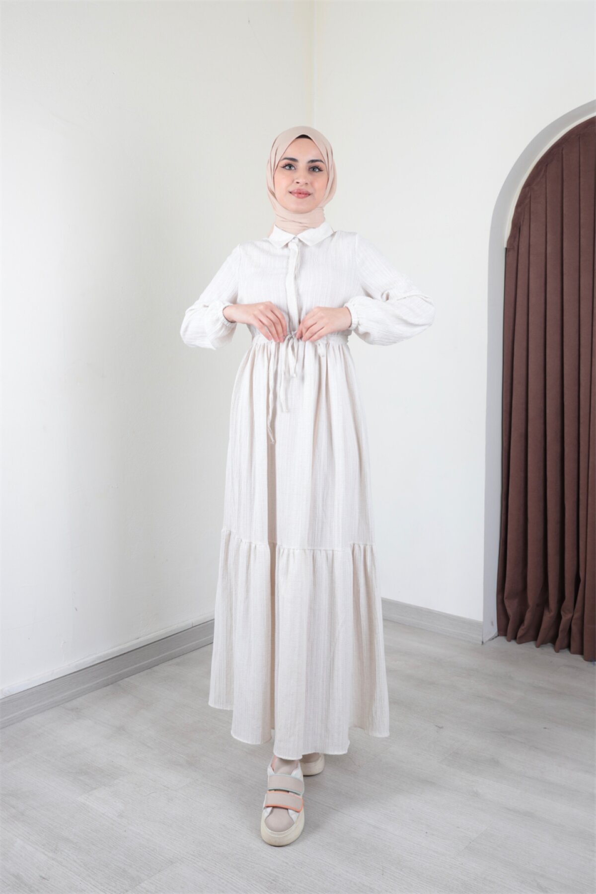 Ensa Tesettür Asya Bürümcük Beyaz Elbise