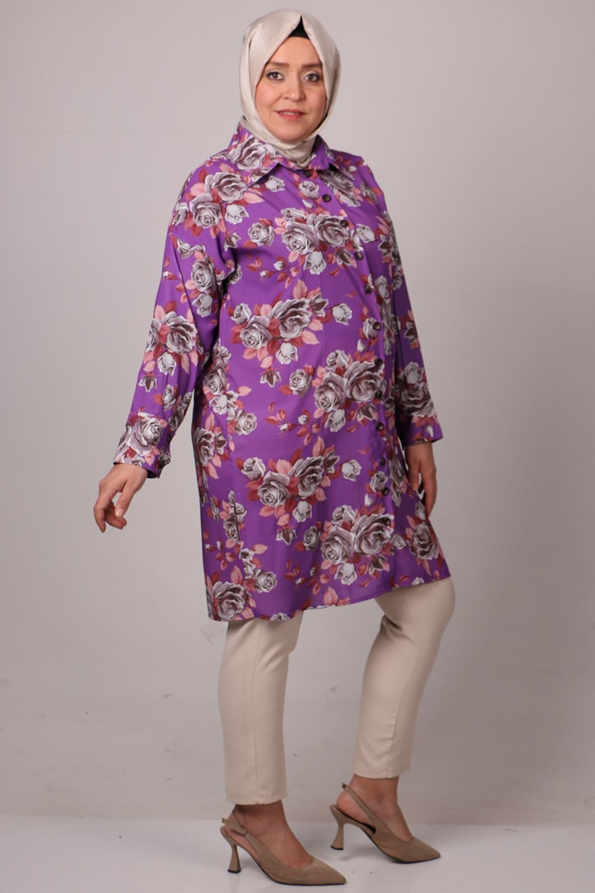 Moda Rosa Gül Desenli Mor Büyük Beden Düşük Kol Jesica Gömlek