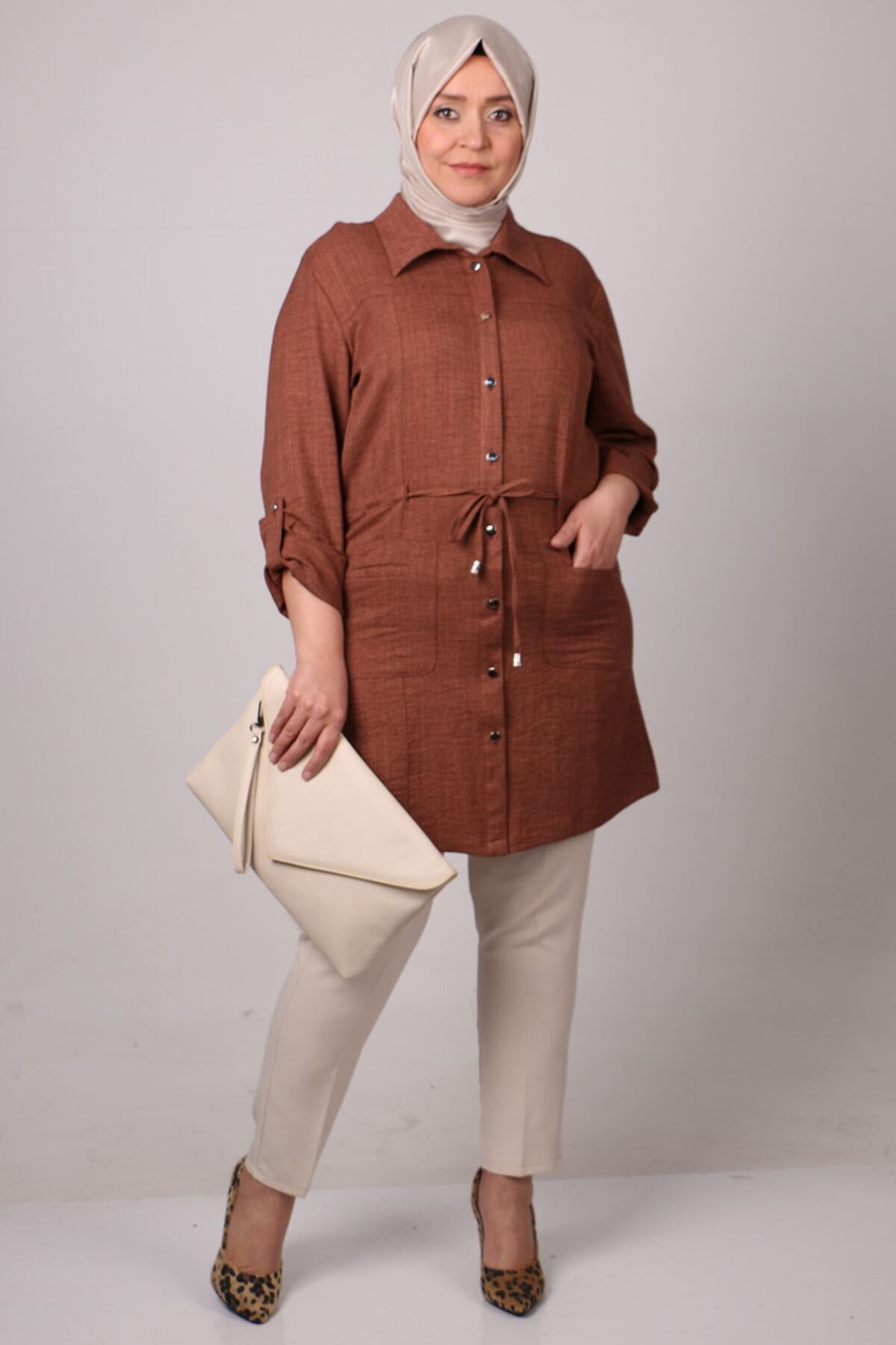 Moda Rosa Kahverengi Büyük Beden Belden Biyeli Keten Airobin Gömlek