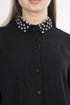 Siyah Düşük Omuz Yakası Taş İşlemeli Gömlek