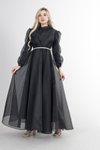 Siyah Uzun Balon Kol Dik Yaka Abiye Elbise