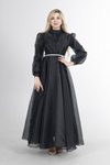 Siyah Uzun Balon Kol Dik Yaka Abiye Elbise