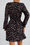 Desenli Uzun Kollu V Yaka Çiçek Desen Krep Mini Elbise