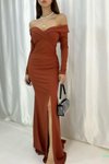 Kiremit Ithal Krep Kumaş Yırtmaçlı Diana Yakalı Uzun Kollu Abiye Elbise