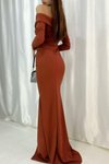Kiremit Ithal Krep Kumaş Yırtmaçlı Diana Yakalı Uzun Kollu Abiye Elbise