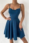 Mavi Omuz Askılı İp Detay Full Sırt Dekolteli Mini Abiye Elbise