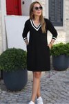 Siyah Uzun Kollu V Yaka Şeritli Iki İplik Salaş Midi Elbise