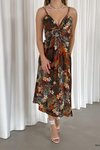 Askılı Haki Çiçek Desenli Kruvaze Yaka Dokuma Viskon Midi Elbise