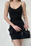 Askılı Siyah Zincir Askı V Yaka İthal Krep Kumaş Volanlı Mini Elbise