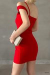 Askılı Tek Omuzlu Kırmızı Çarpraz Yaka Detaylı Krep Kumaş Mini Elbise