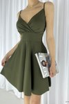 Haki Krep Kumaş İnce Askılı Mini Kloş Elbise