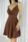 Kahverengi Krep Kumaş İnce Askılı Mini Kloş Elbise