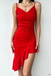 Kırmızı İnce Askılı Krep Kumaş Eteği Asimetrik Volan Detaylı Mini Abiye Elbise
