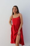 Kırmızı İp Askılı Ayrobin Kumaş Midi Elbise