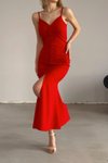 Kırmızı İthal Krep Kumaş İnce Askılı Düğme Detay Uzun Abiye Elbise