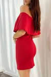 Kırmızı Straplez Yaka Omzu Açık Scuba Kumaş Mini Abiye Elbise