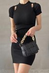 Siyah Kısa Kollu Köprücük Detaylı Mini Triko Elbise