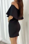 Siyah Straplez Yaka Omzu Açık Scuba Kumaş Mini Abiye Elbise