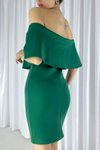 Yeşil Straplez Yaka Omzu Açık Scuba Kumaş Mini Abiye Elbise