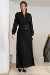 Siyah Deri Detaylı Belden Bağlamalı Uzun Elbise
