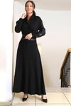 Siyah Deri Detaylı Belden Bağlamalı Uzun Elbise